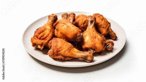 a plate of rosted chicken legs against a white background.