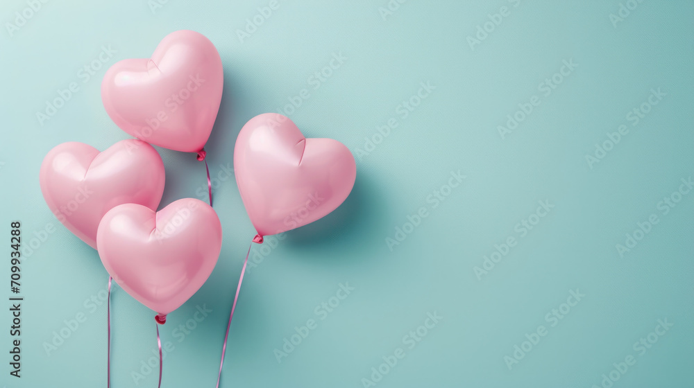 pink heart-shaped balloons on a pastel blue background, love concept 