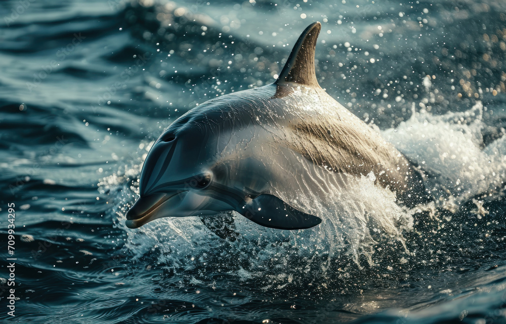 Fototapeta premium Dolphins jumping out of the water poster with copy space