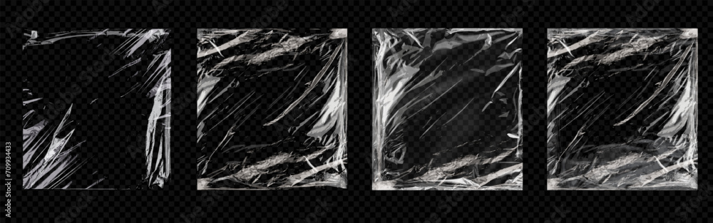 Torn plastic wrap set isolated on transparent background. Set of cellophane or polyethylene wrapper layouts for printing. Polyethylene packaging for CD cover. Vector illustration - obrazy, fototapety, plakaty 