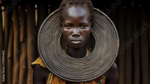 Woman from the african tribe Mursi with big lip plate in her village.


