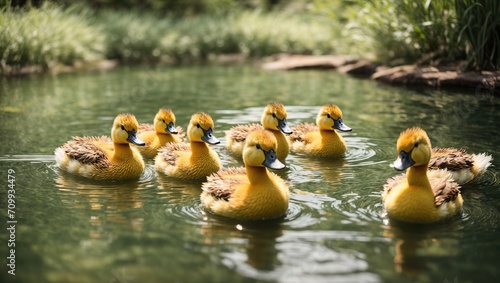 Some cuddly ducklings swimming in the calm pond