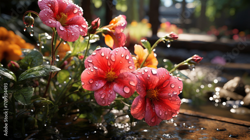 A garden in bloom during April showers, with raindrops on flowers and foliage.