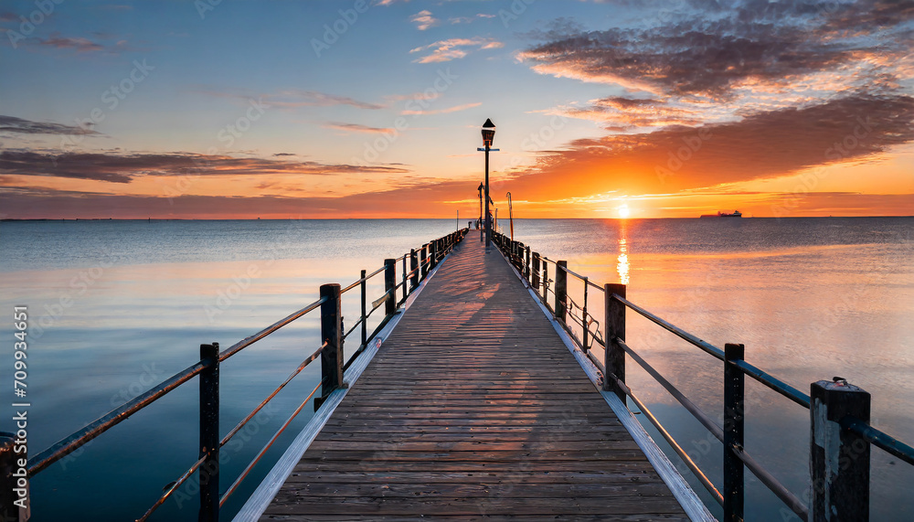 An epic sunrise over the calm water at the pier