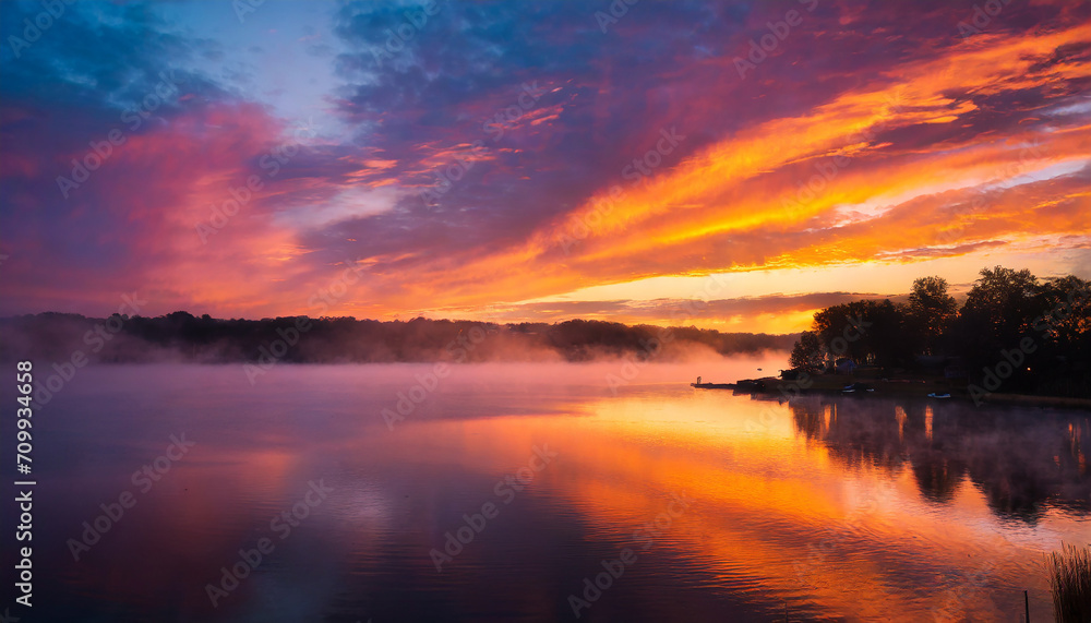 An epic sunrise over a lake with a vibrant color