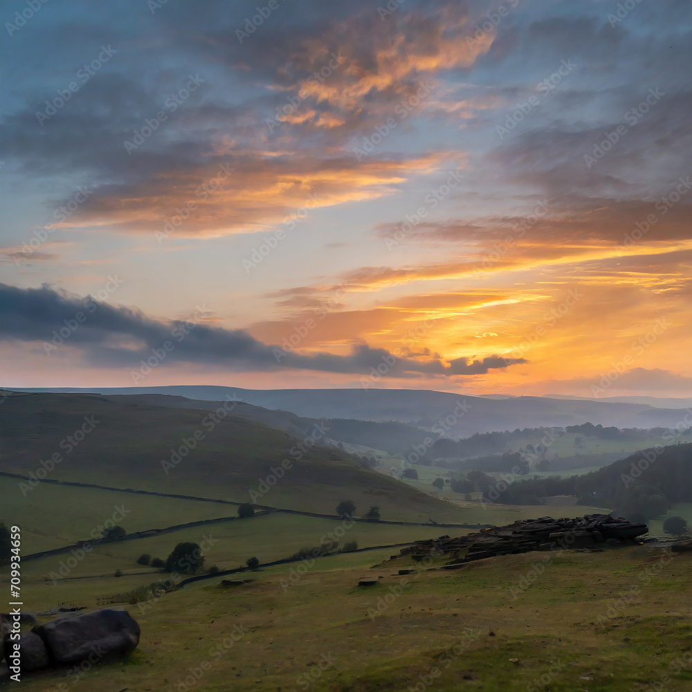 An epic sunrise sunset clouds over the peak district hills