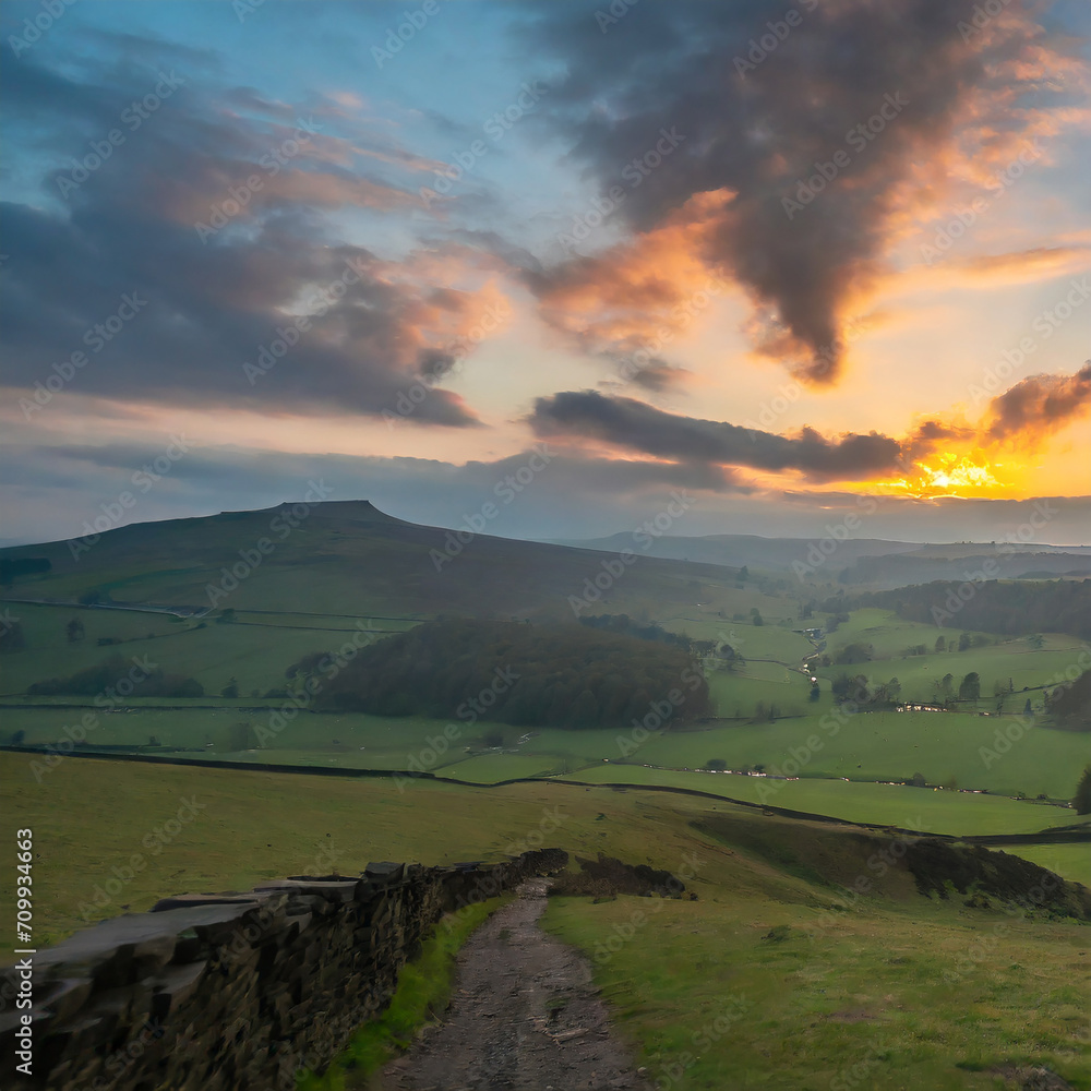 An epic sunrise sunset clouds over the peak district hills