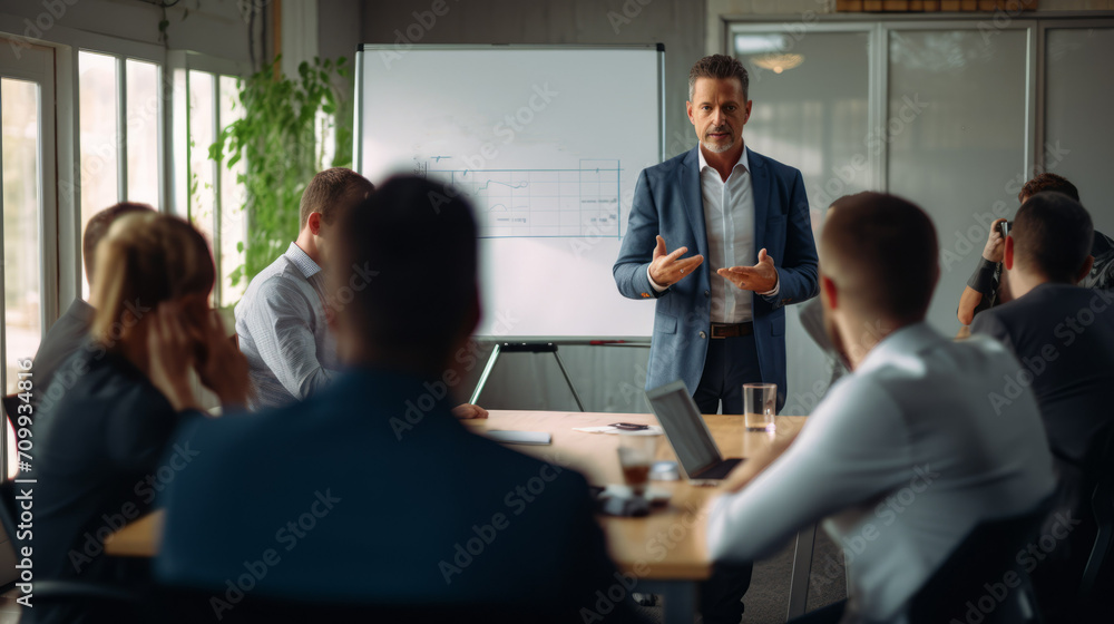 A small business, startup coach, a male speaker in a suit holds a presentation in an office for young businessmen. A small business, startup coach, a male speaker in a suit holds a presentation in an office for young businessmen.