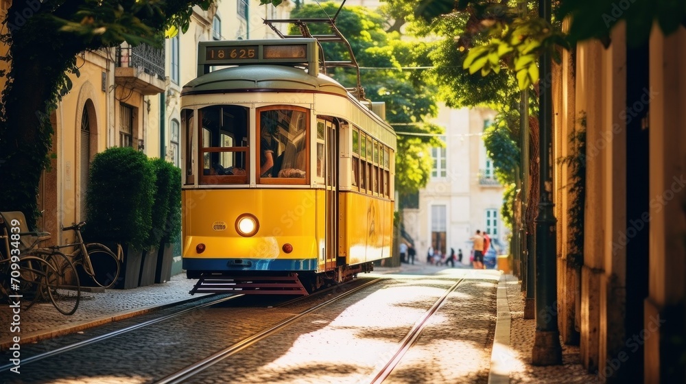 Yellow vintage tram on the street in Lisbon, Portugal. Famous travel destination.