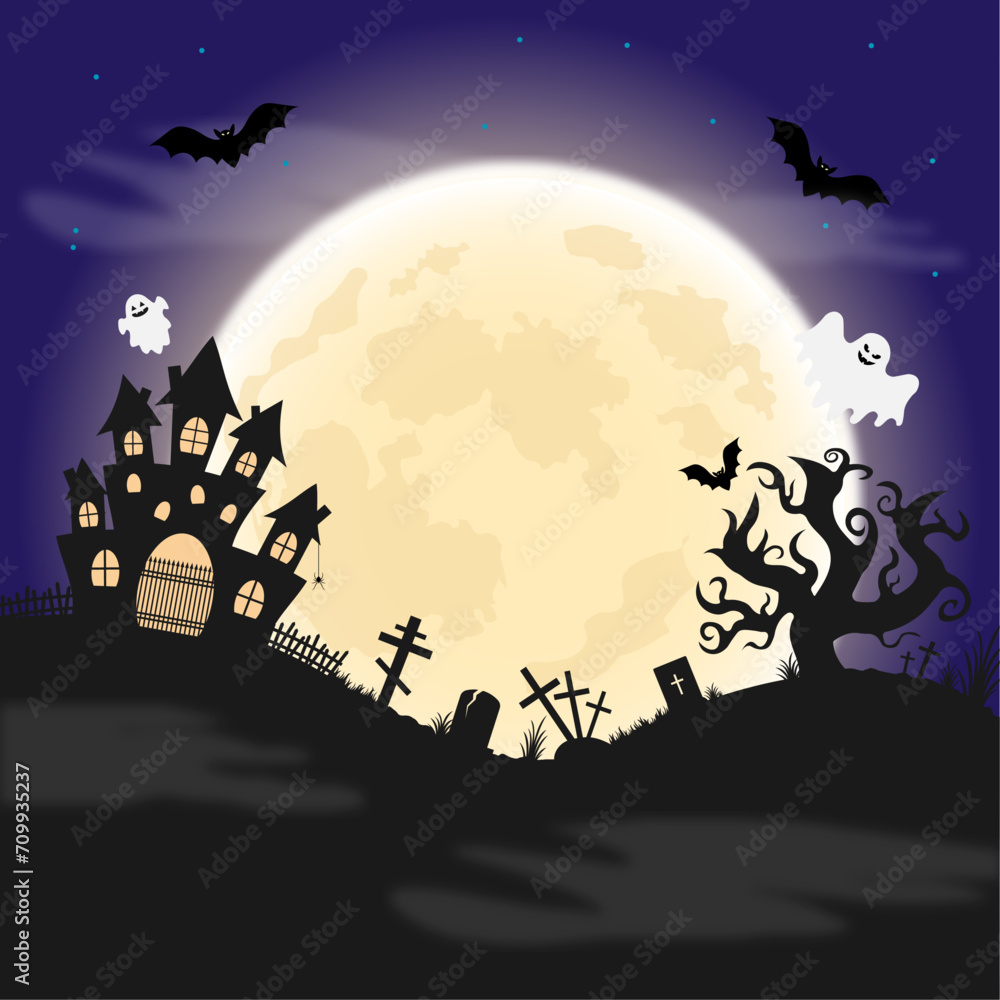 Halloween background with spooky haunted house and graveyard. Vector illustration.