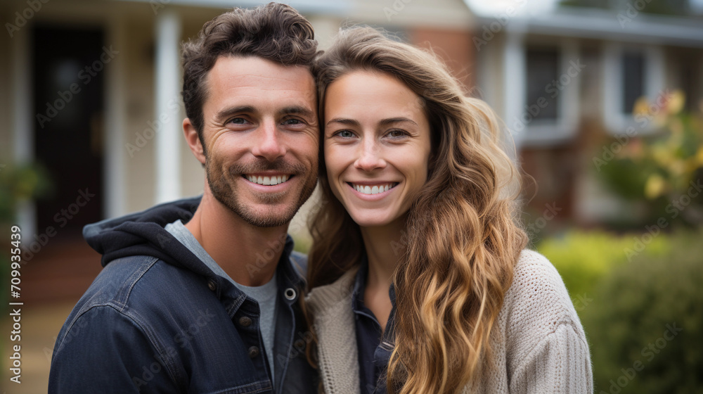 Portrait of happy couple standing together infront of their new home Portrait of happy couple standing together infront of their new home