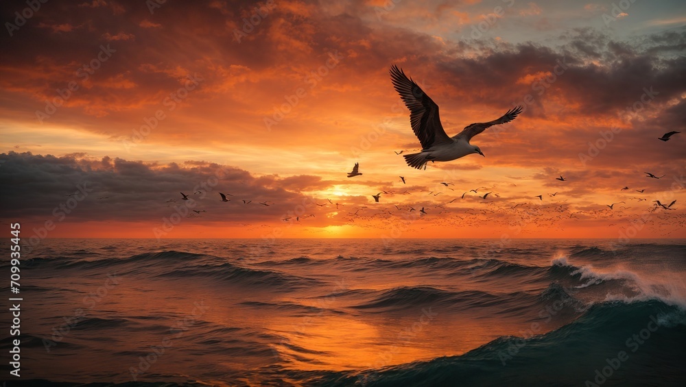  A flock of majestic birds flying over the vast expanse of the sea against the backdrop of a fiery sunset sky