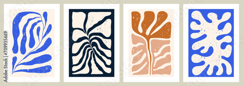Contemporary botanical wall art set with plants, algae or organic shapes. Modern minimalist posters. Abstract floral colorful flat vector illustration for interior design.