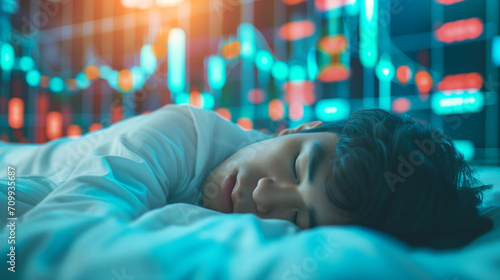 businessman or investor sleep with stock market background thinking about investment or trading, getting enough rest and not being too stressed results in better concentration