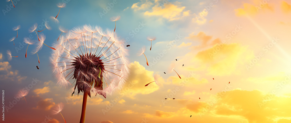 Naklejka premium Sunlight on the dandelion in the sky, in the style of pastel dreamscapes, flowing silhouettes, photorealistic detail, close-up, photo-realistic landscapes, whimsical scapes