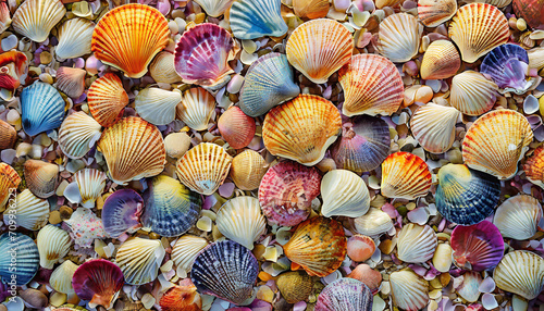 Colorful seashells in a big pile spread out  photographed from above - beach vacation illustration - decorative pattern background
