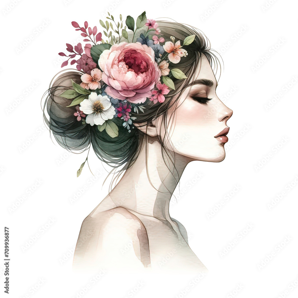 Watercolor woman's profile, elegantly adorned with flowers in her hair or arranged around her face, International Women's Day,Isolated on Transparent Background