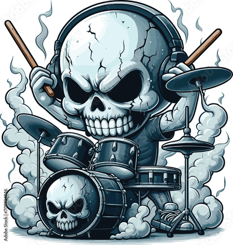 Skull band drummer theme drawing in a punk outfit, chibi style