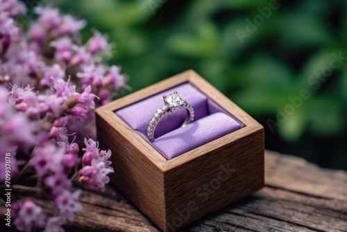 Wedding ring box on wood table with beautiful flowers, for wedding day and Valentine's Day concept. © Areerat