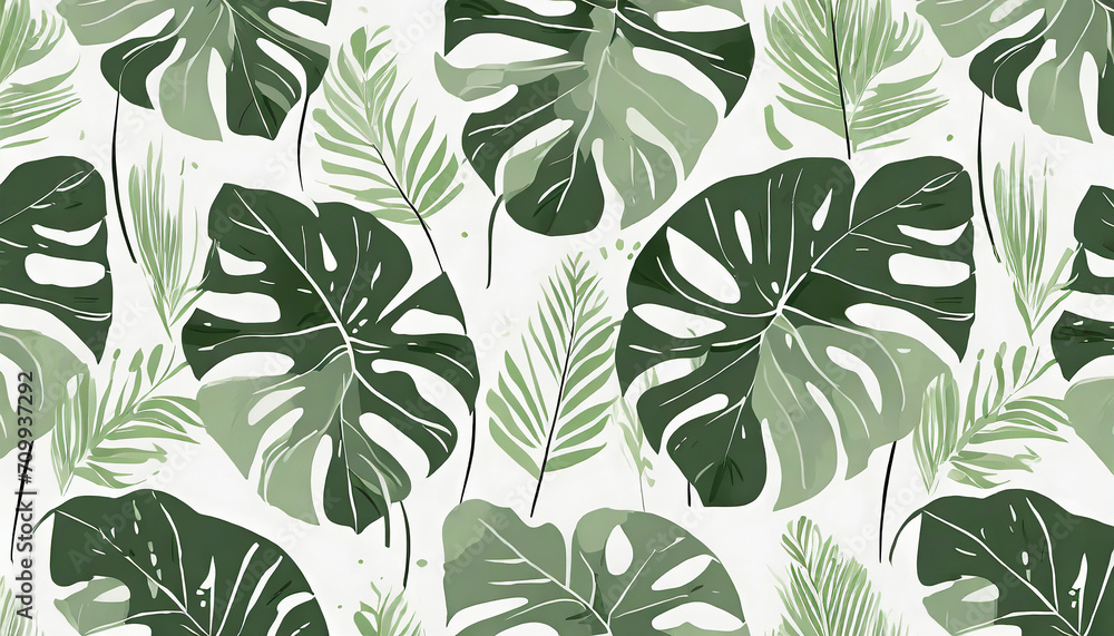 Cozy wildflower pattern_ green leaves of a tropical monstera plant