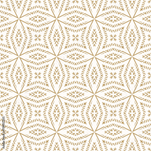 Vector geometric seamless pattern. Abstract gold and white folk texture with ornamental grid, lattice, rhombuses, floral shapes. Tribal ethnic motif. Elegant background. Golden luxury repeated design