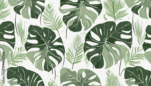 Cozy wildflower pattern_ green leaves of a tropical monstera plant © yahan balch