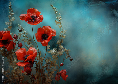 Five red poppies against blue background, in the style of soft and dreamy atmosphere, night photography, color splash, wimmelbilder, selective focus, shaped canvas, dark orange and light emerald