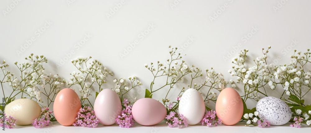 A creative arrangement of Easter eggs and a vibrant line of spring flowers on a white background. Easter card with copy space A creative arrangement of Easter eggs and a vibrant line of spring flowers on a white background. Easter card with copy space