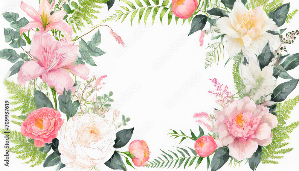 floral frame with lilies, roses, peonies, peony, ranunculus and ferns