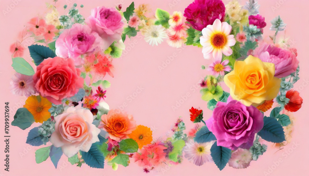 floral frame with pink rose flowers on a white background