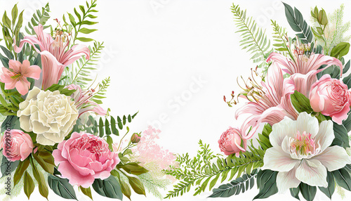 floral frame with lilies, roses, peonies, peony, ranunculus and ferns