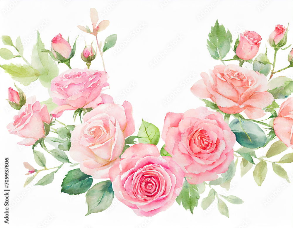 floral frame_ beautiful pink roses bunch, isolated on white background