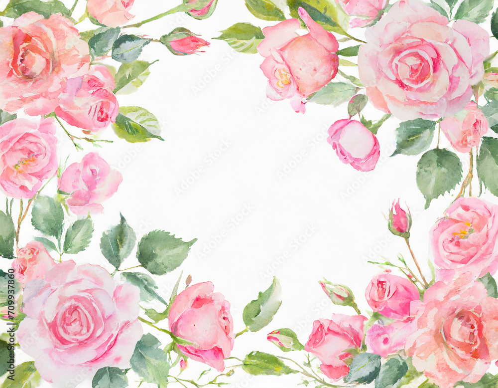 floral frame_ beautiful pink roses bunch, isolated on white background