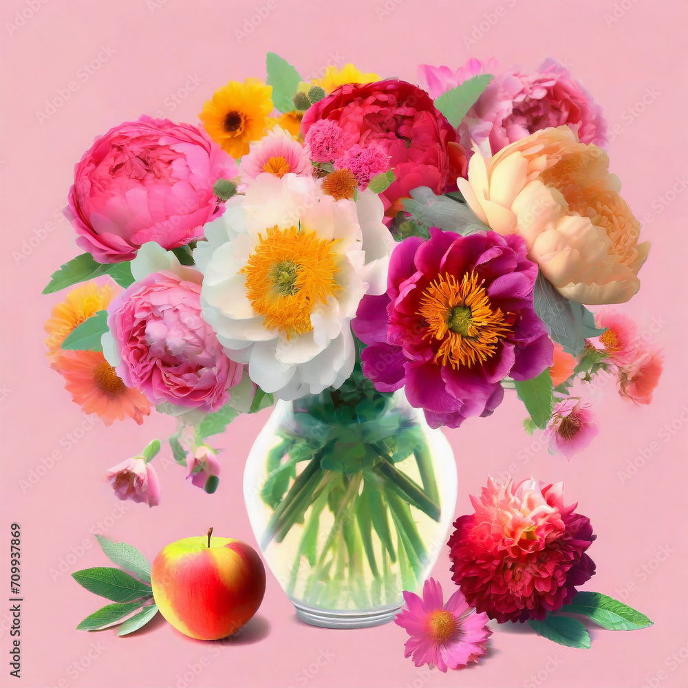 floral frame_ beautiful bouquet of peonies in vase and apple