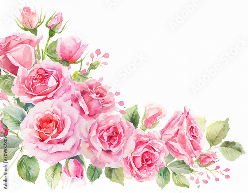 floral frame_ beautiful pink roses bunch  isolated on white background