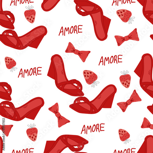 Seamless pattern of cute objects and icons of shoes and bow for Valentine's day. Seamless pattern.