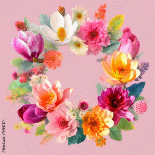floral frame_ branches with magnolia buds and petals_ watercolor illustration