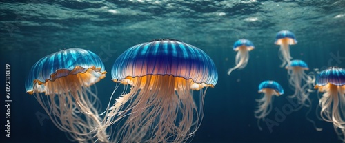 Gracing beneath the ocean's depths lies a captivating blue water jellyfish, its translucent body throbbing with vivid hues of sapphire and cerulean.