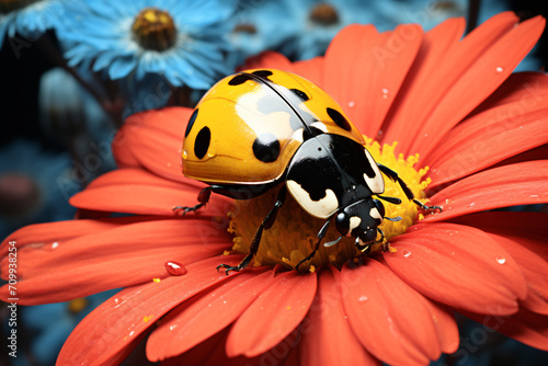 Ladybug sitting on flower, in the style of color splash, yellow and crimson
