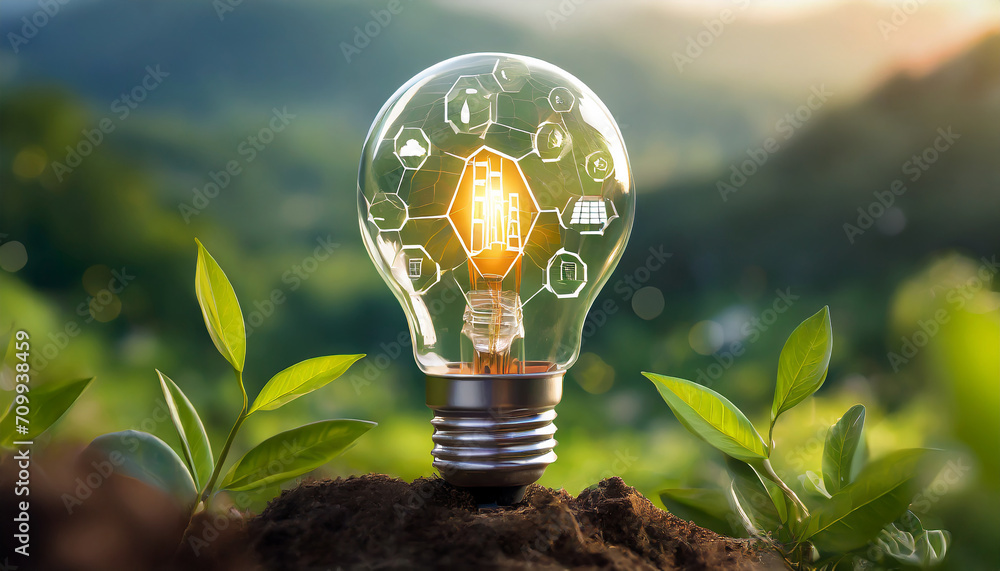 light bulb against nature with icons energy sources for renewable Sustainable development and business based on renewable energy. Reduce CO2 emission concept. green business based on renewable - obrazy, fototapety, plakaty 