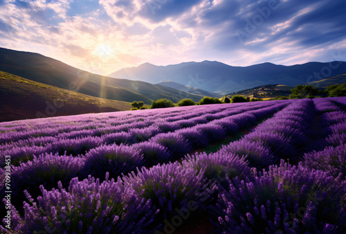 Lavender field in the pyrenees, France, in the style of light indigo and bronze, romantic atmosphere, dreamlike naturaleza