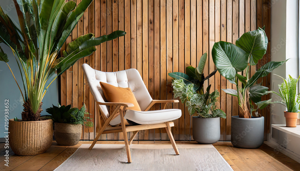 Lounge chair near wood paneling wall between potted houseplants. Mid-century home interior design of modern living room.