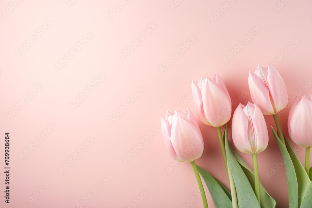 Fresh pink tulips on pink background, copy space, in the style of high detailed, pastel color palette, sculpted, stylish, decorative backgrounds, shaped canvas, delicate textures

