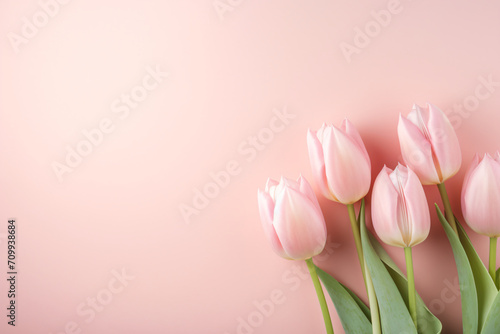 Fresh pink tulips on pink background, copy space, in the style of high detailed, pastel color palette, sculpted, stylish, decorative backgrounds, shaped canvas, delicate textures   © Possibility Pages