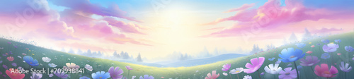 The colorful flowers and sky together with sunlight, in the style of digital airbrushing, bokeh panorama, realistic blue skies, soft-edged, small brushstrokes, tilt shift, organic and flowing forms