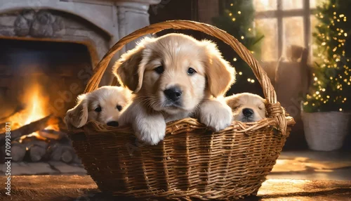 Obraz Szczeniaczki w wiklinowym koszyku