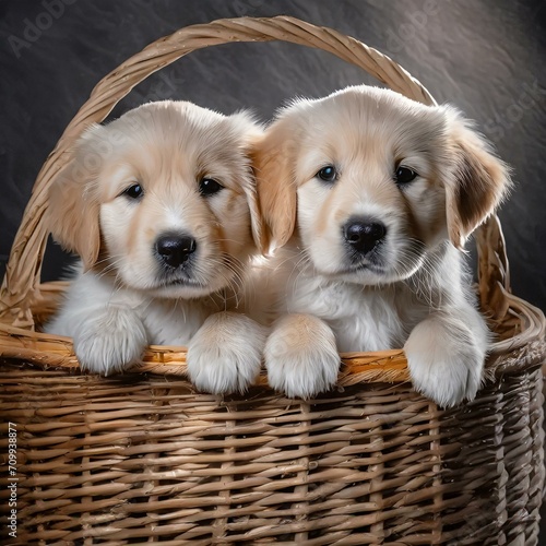  Puppies in a wicker basket