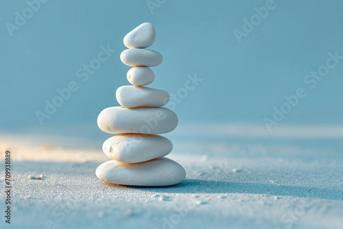 stacked zen stones on a soft blue background 