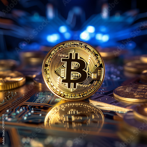 BTC market and cryptocurrency concepts on an abstract blue background Generative AI