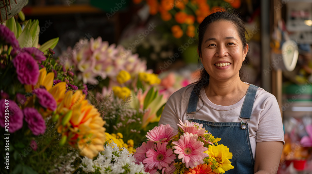 A smiling woman surrounded by colorful flowers in a floral shop